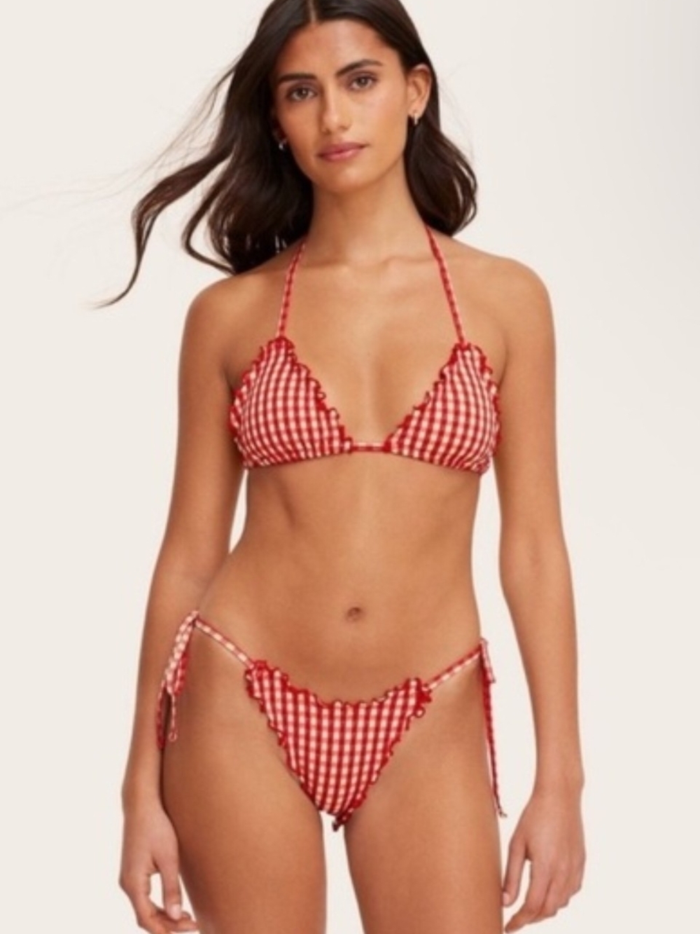 Parke Lettuce Edge Bikini Top in red gingham check